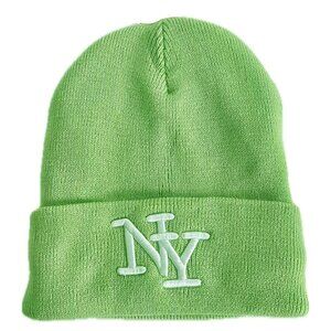 Embroidered NY Men Women Winter Knit Warm Fur lined Beanie Hat - Apple Green